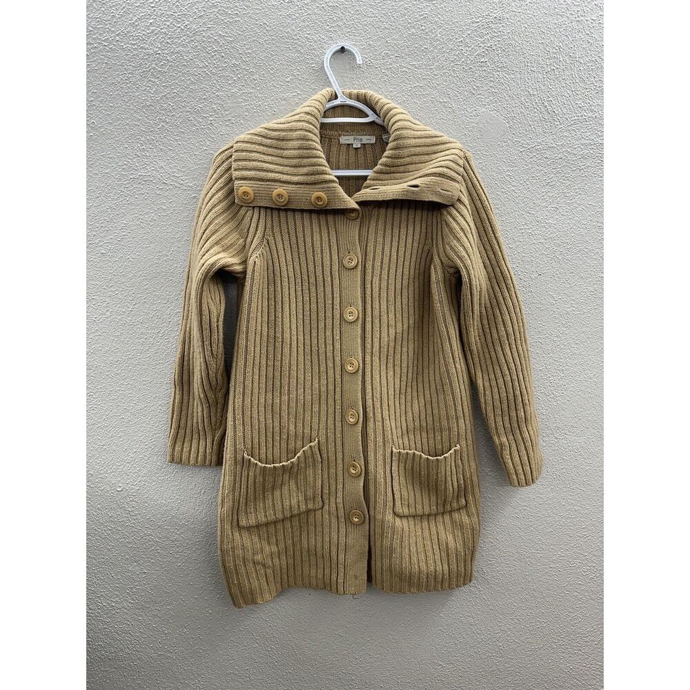 Pria Womens Cardigan Small Wool Blend Tan Long Sleeve Full Button Up Sweater
